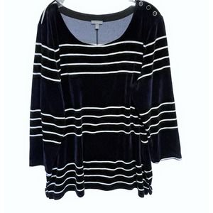 T By Talbots Women's 2X SOFT Velour Tunic Top ~ Blue Black & White Striped